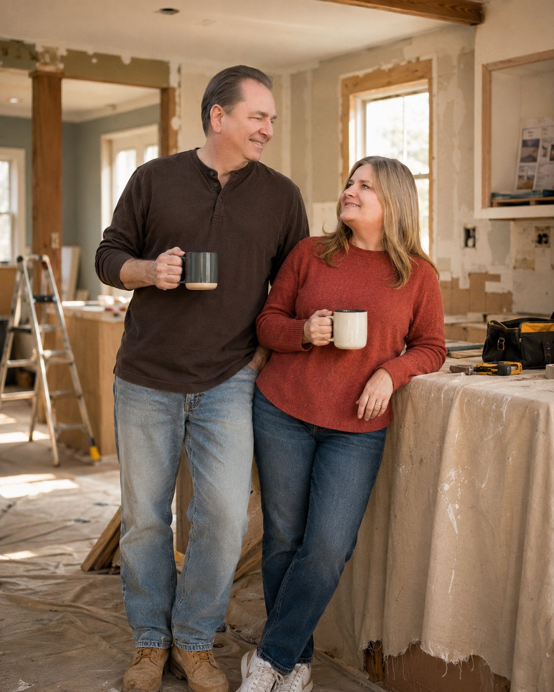 Thomas and Lisa, real estate investors, standing in their home mid-renovation holding coffee mugs